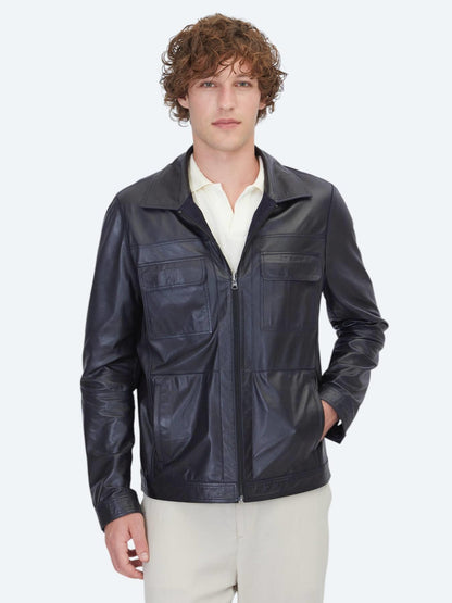 Koyu Lacivert Regular Fit Gömlek Yaka Smart Casual Çift Taraflı Deri Mont