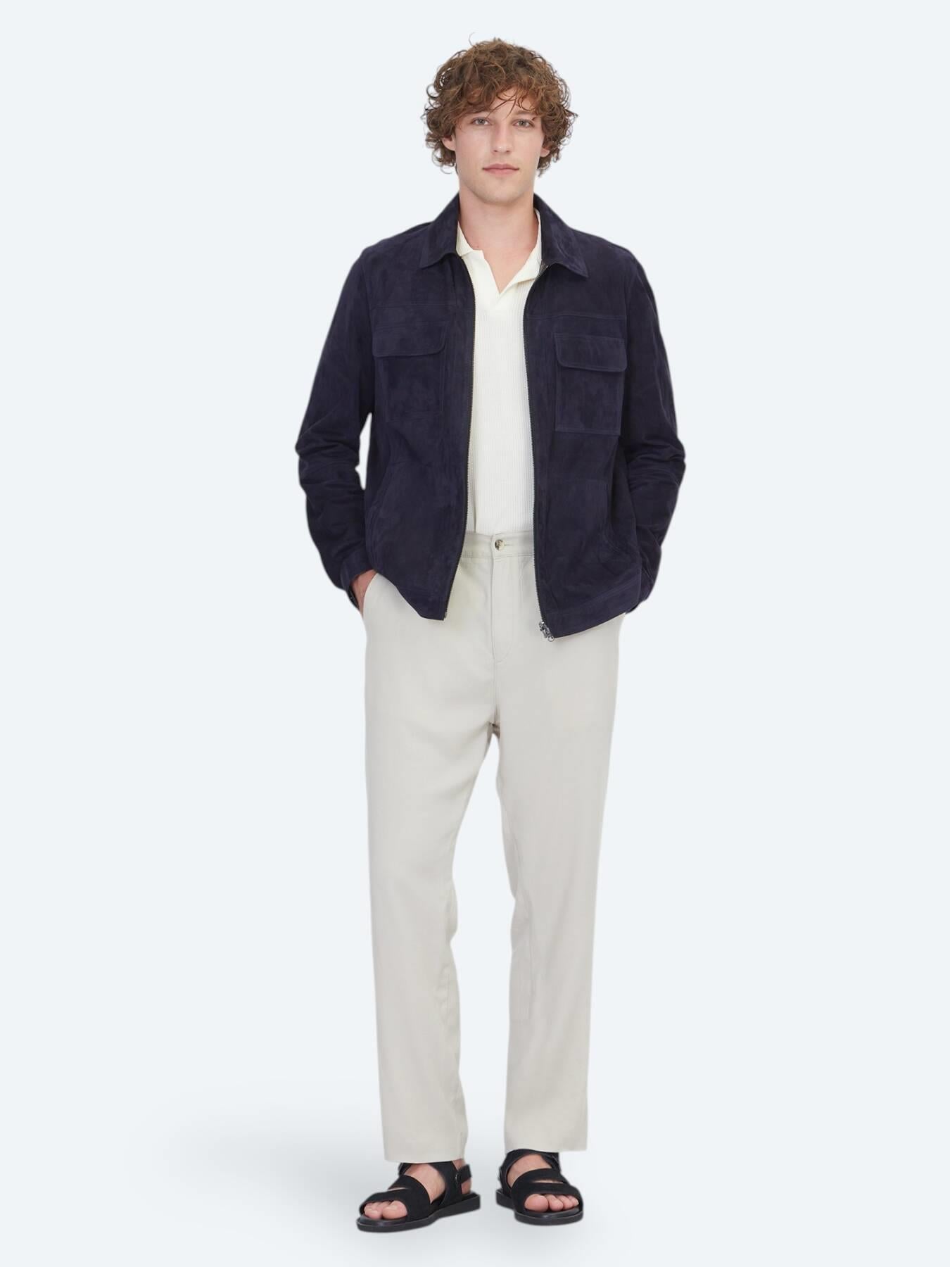 Koyu Lacivert Regular Fit Gömlek Yaka Smart Casual Çift Taraflı Deri Mont
