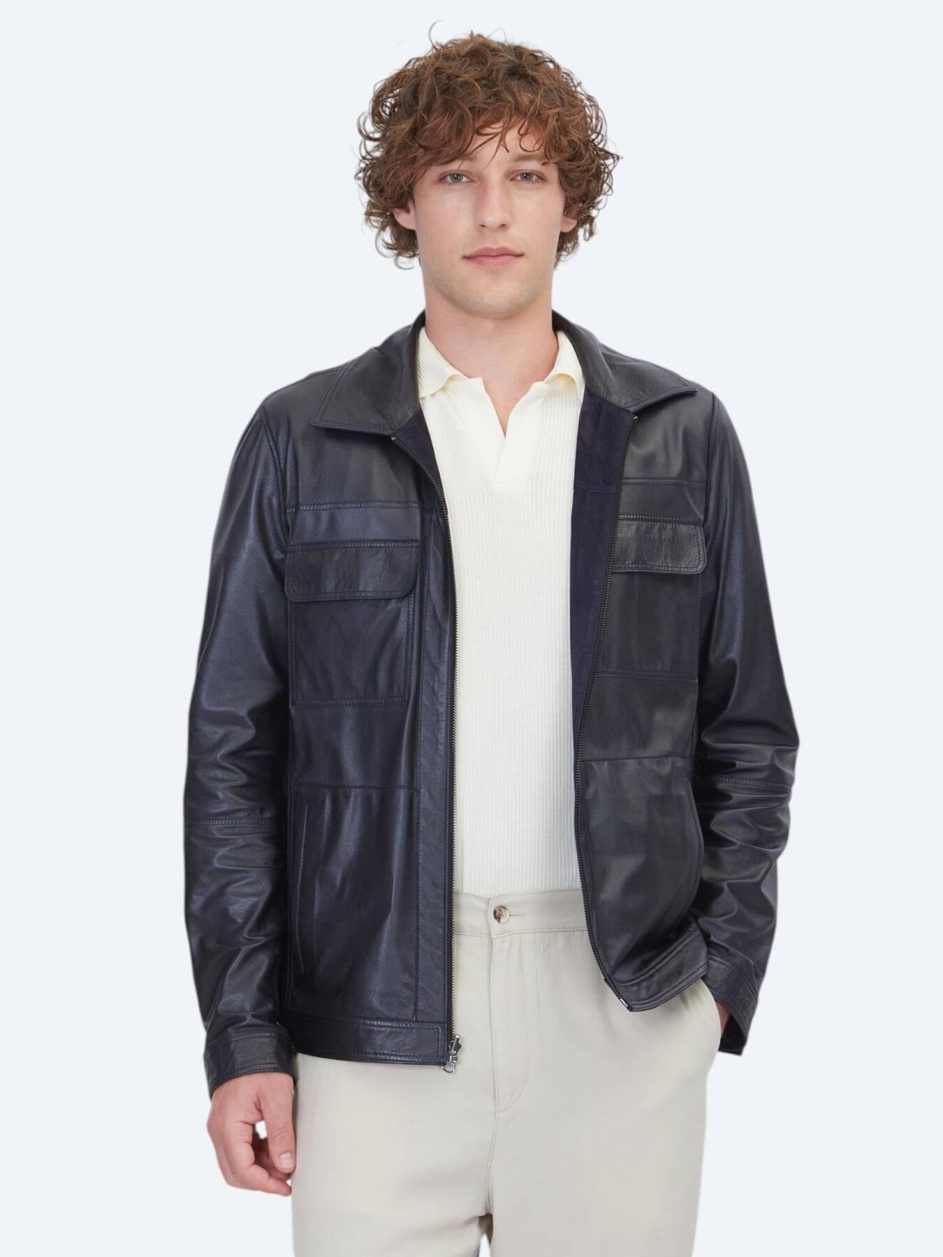 Koyu Lacivert Regular Fit Gömlek Yaka Smart Casual Çift Taraflı Deri Mont
