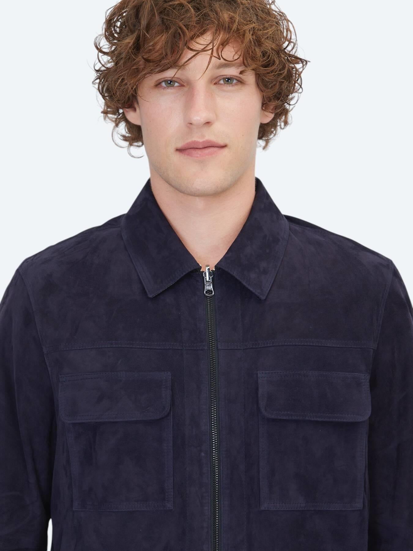 Koyu Lacivert Regular Fit Gömlek Yaka Smart Casual Çift Taraflı Deri Mont