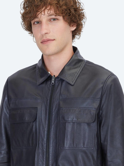 Koyu Lacivert Regular Fit Gömlek Yaka Smart Casual Çift Taraflı Deri Mont