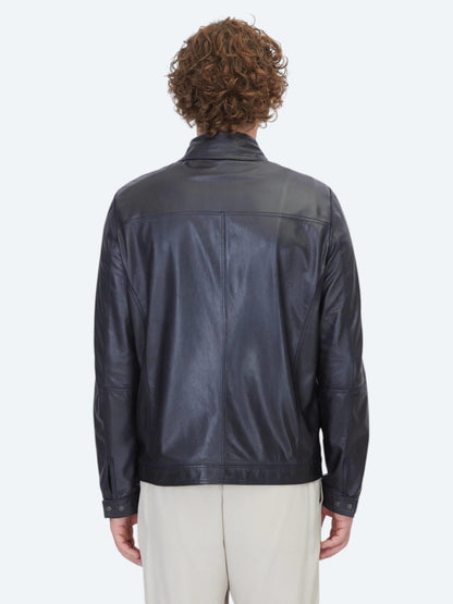 Koyu Lacivert Regular Fit Gömlek Yaka Smart Casual Çift Taraflı Deri Mont