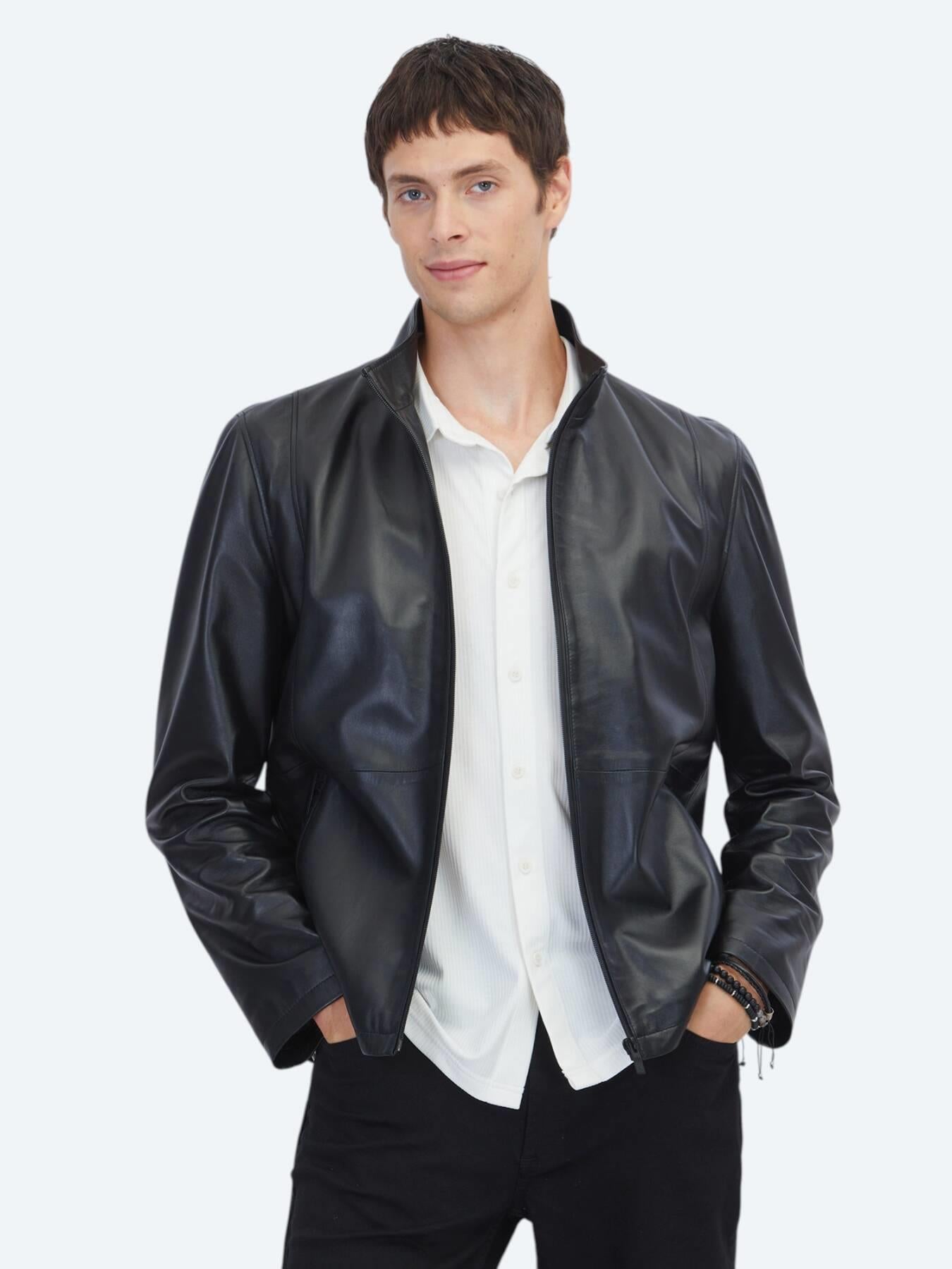 Siyah Regular Fit Dik Yaka Casual Koyun Derisi Deri Mont