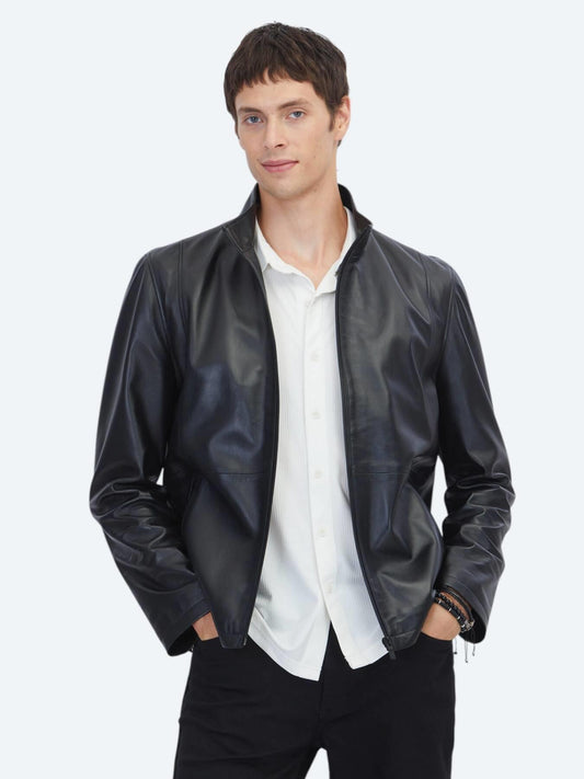 Siyah Regular Fit Dik Yaka Casual Koyun Derisi Deri Mont