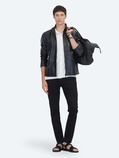 Siyah Regular Fit Dik Yaka Casual Koyun Derisi Deri Mont