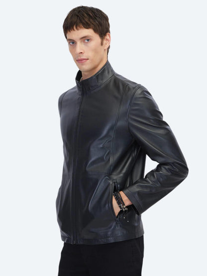 Siyah Regular Fit Dik Yaka Casual Koyun Derisi Deri Mont