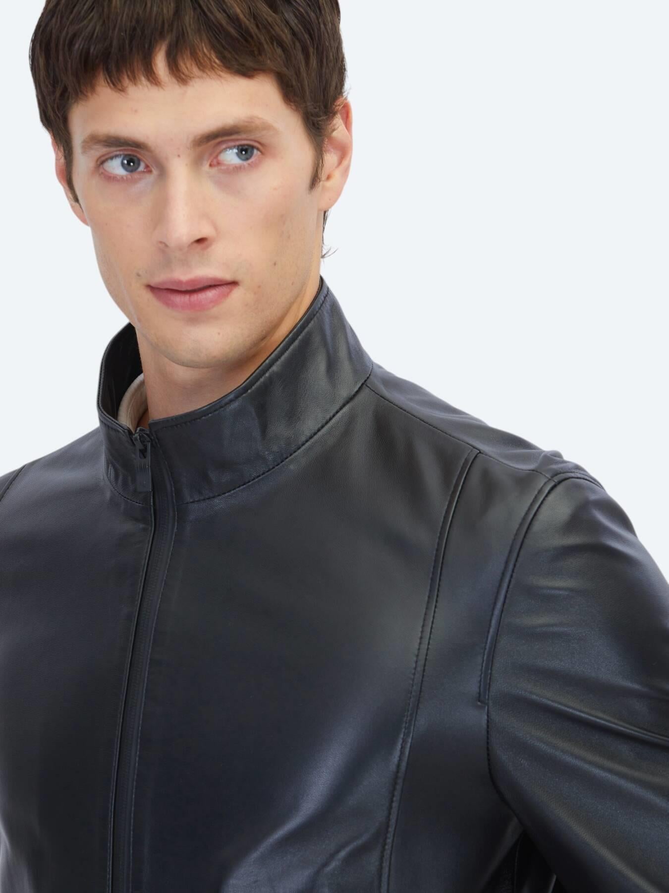 Siyah Regular Fit Dik Yaka Casual Koyun Derisi Deri Mont