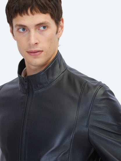 Siyah Regular Fit Dik Yaka Casual Koyun Derisi Deri Mont
