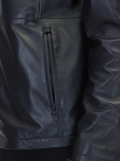 Siyah Regular Fit Dik Yaka Casual Koyun Derisi Deri Mont