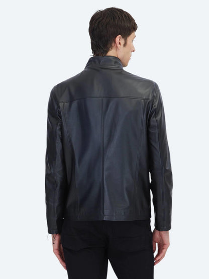 Siyah Regular Fit Dik Yaka Casual Koyun Derisi Deri Mont