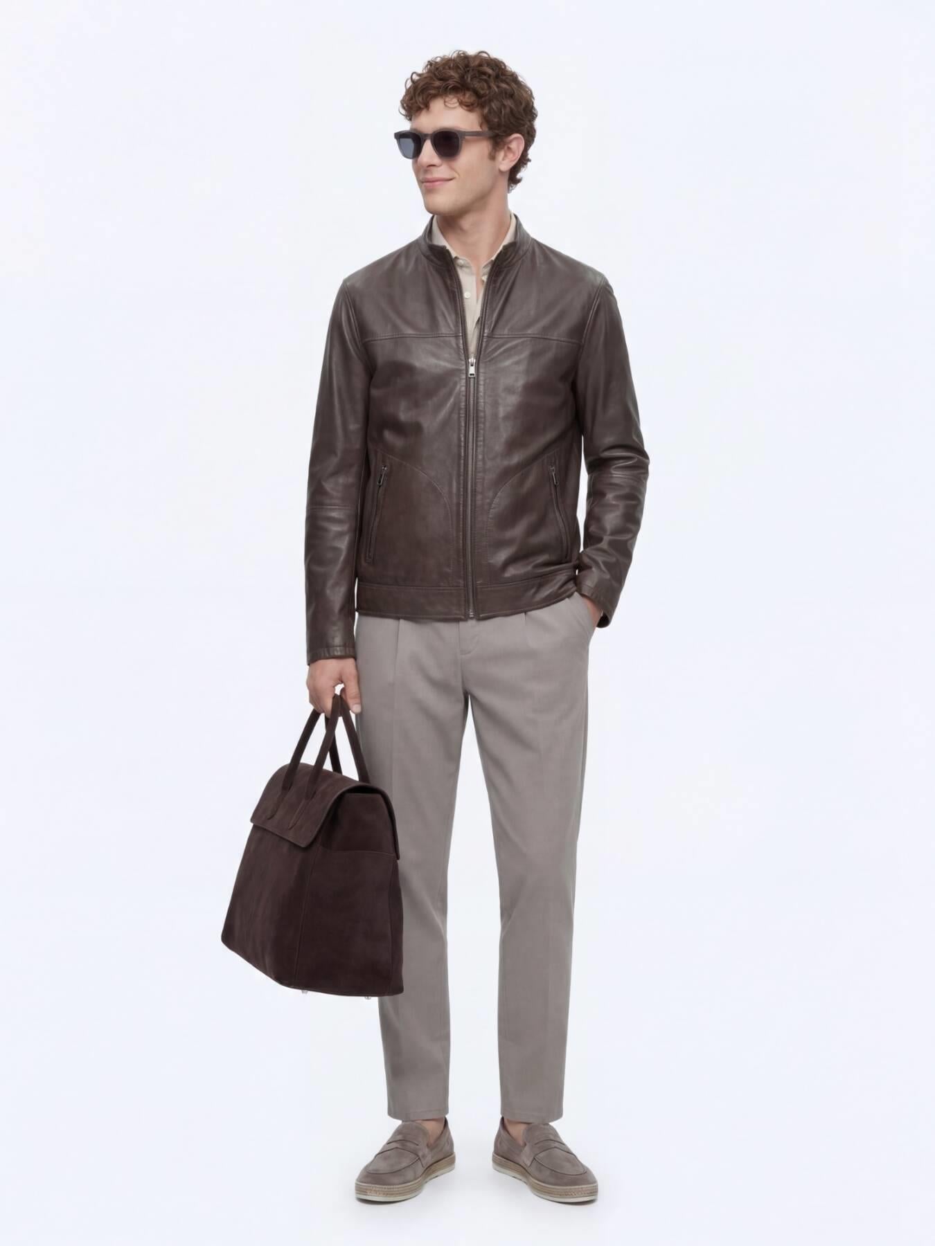 Haki Regular Fit Dik Yaka Smart Casual Çift Taraflı Deri Mont
