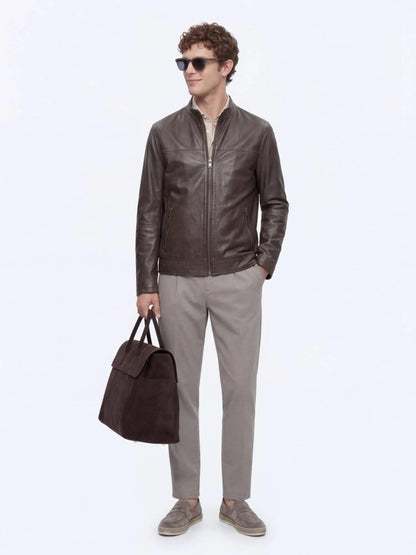 Haki Regular Fit Dik Yaka Smart Casual Çift Taraflı Deri Mont