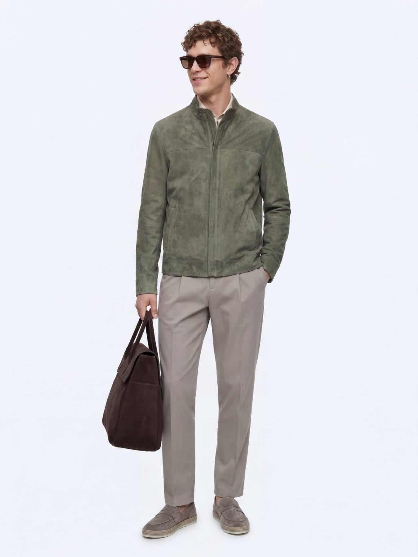 Haki Regular Fit Dik Yaka Smart Casual Çift Taraflı Deri Mont