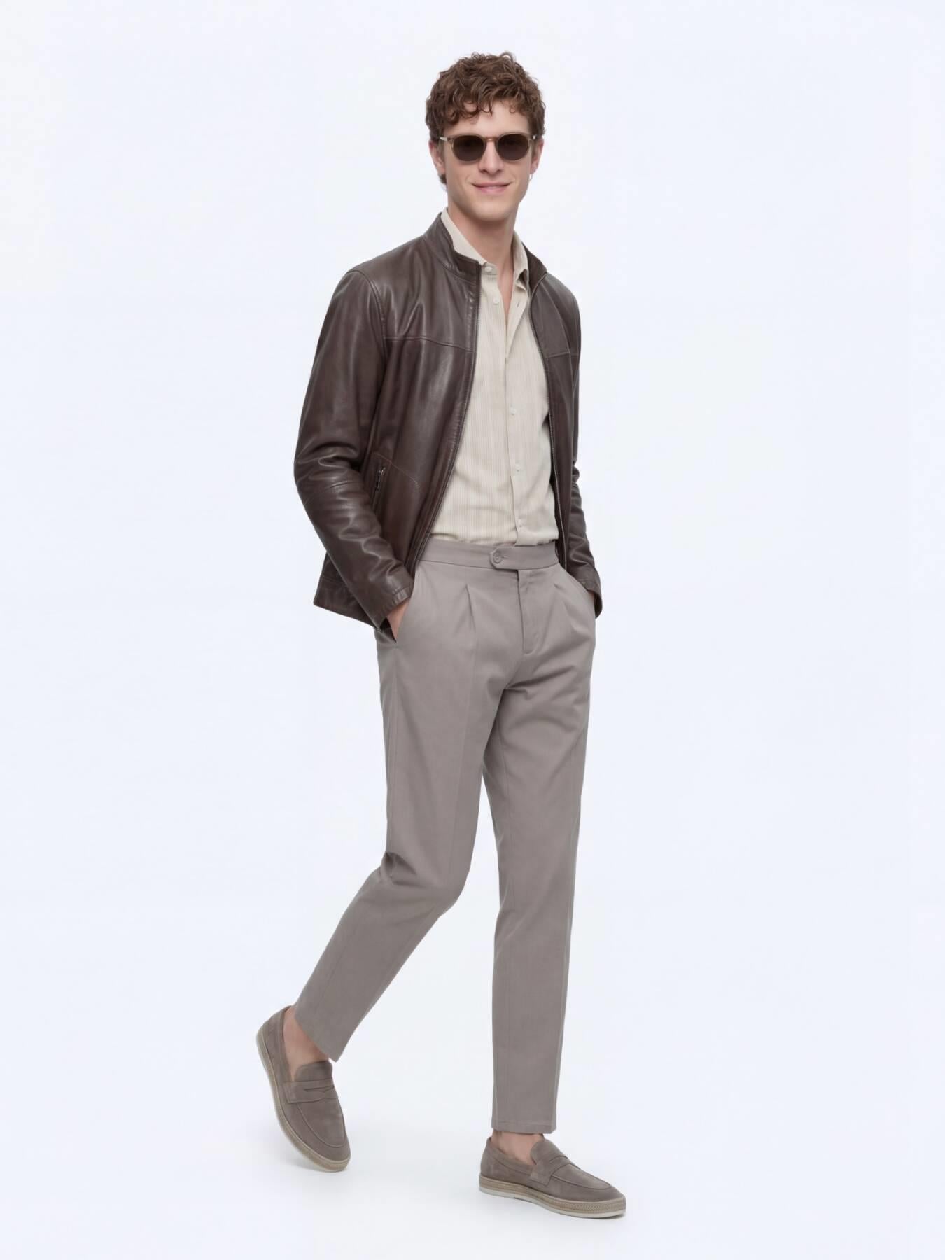 Haki Regular Fit Dik Yaka Smart Casual Çift Taraflı Deri Mont