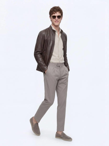Haki Regular Fit Dik Yaka Smart Casual Çift Taraflı Deri Mont