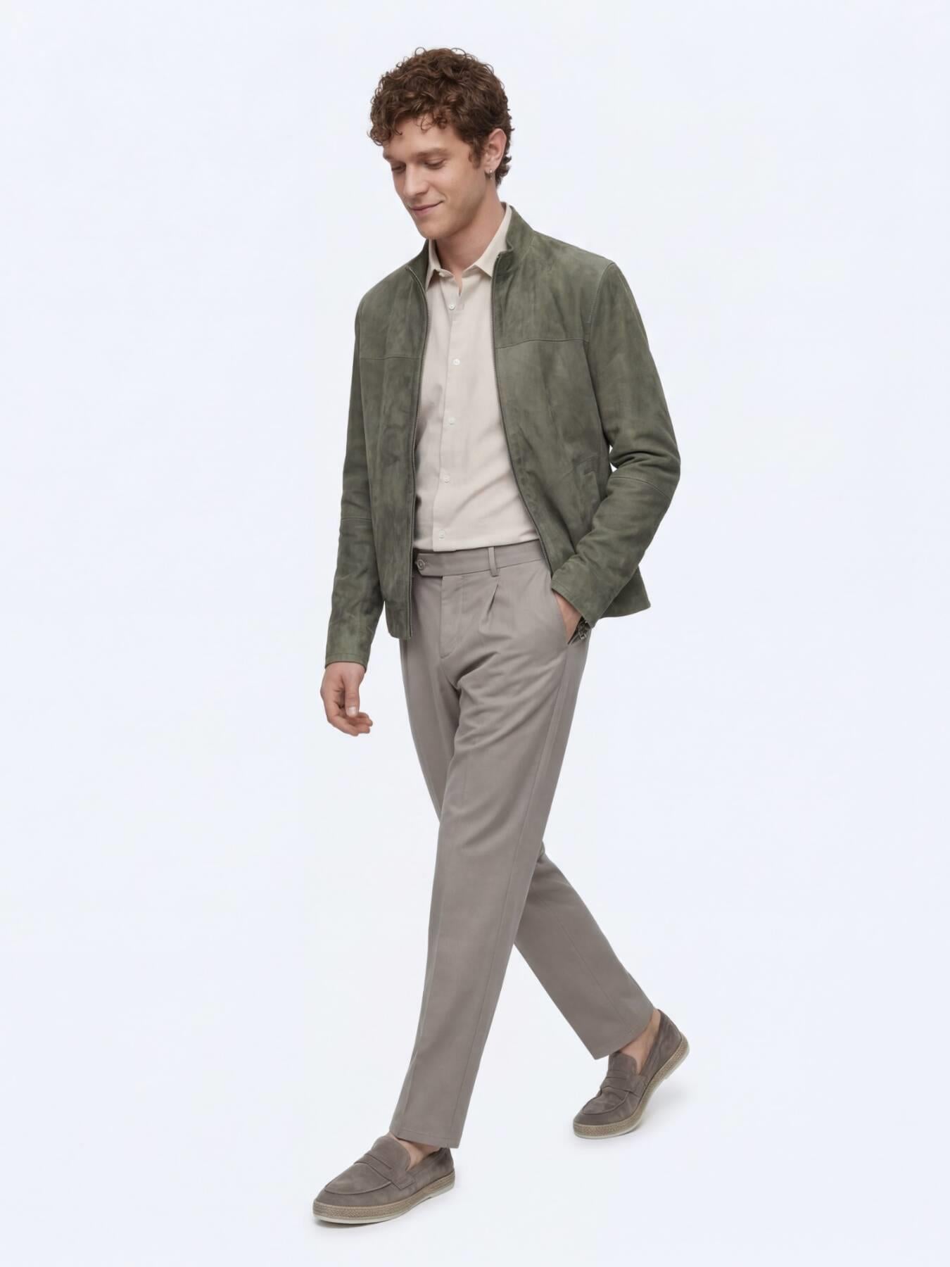 Haki Regular Fit Dik Yaka Smart Casual Çift Taraflı Deri Mont