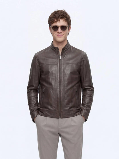 Haki Regular Fit Dik Yaka Smart Casual Çift Taraflı Deri Mont