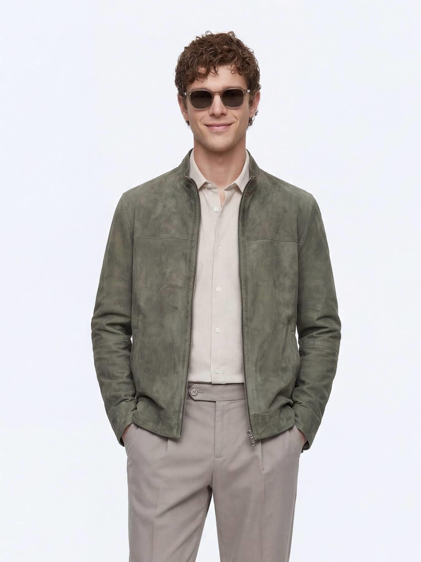 Haki Regular Fit Dik Yaka Smart Casual Çift Taraflı Deri Mont