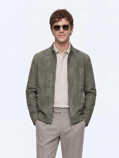 Haki Regular Fit Dik Yaka Smart Casual Çift Taraflı Deri Mont