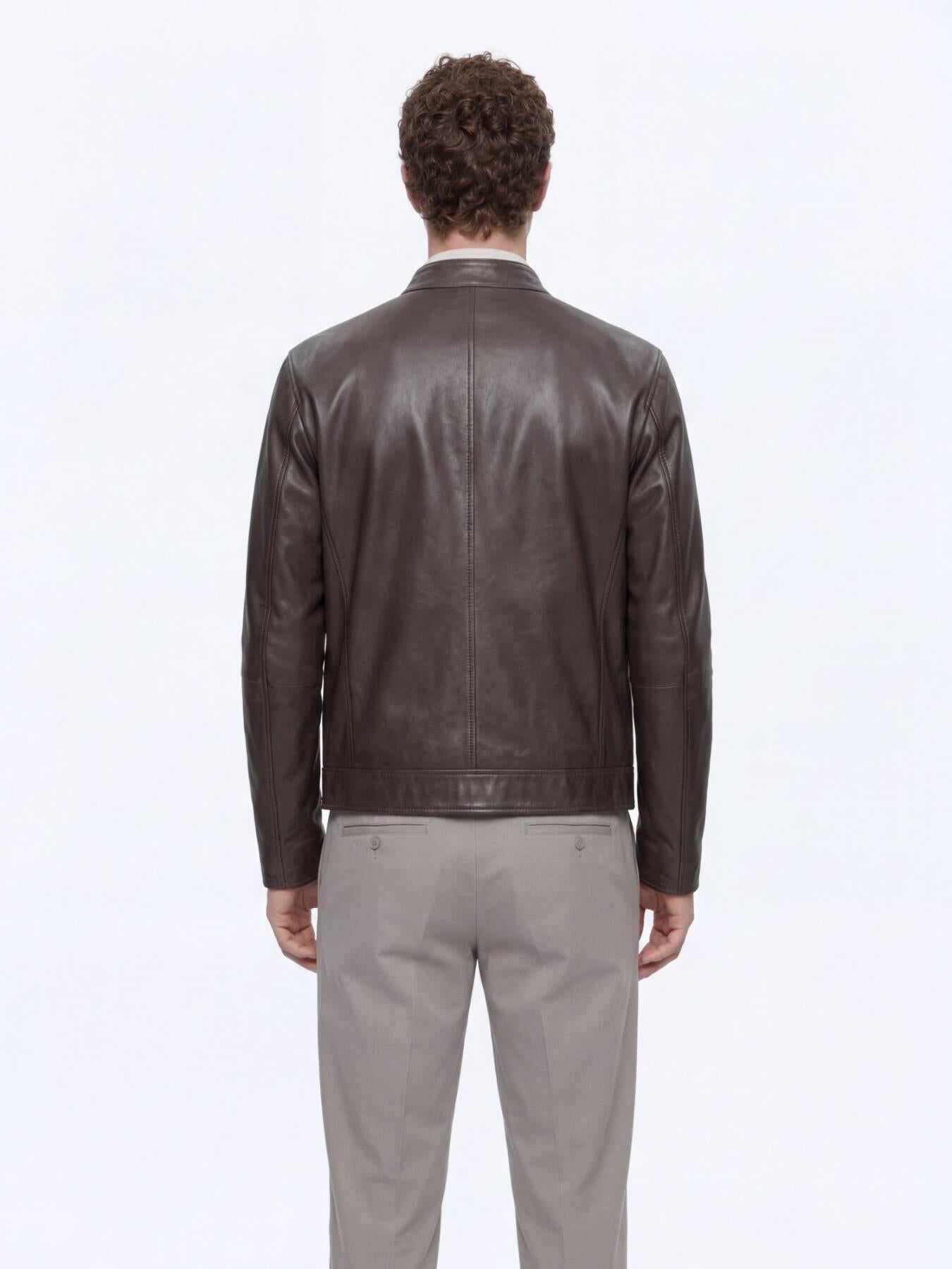 Haki Regular Fit Dik Yaka Smart Casual Çift Taraflı Deri Mont