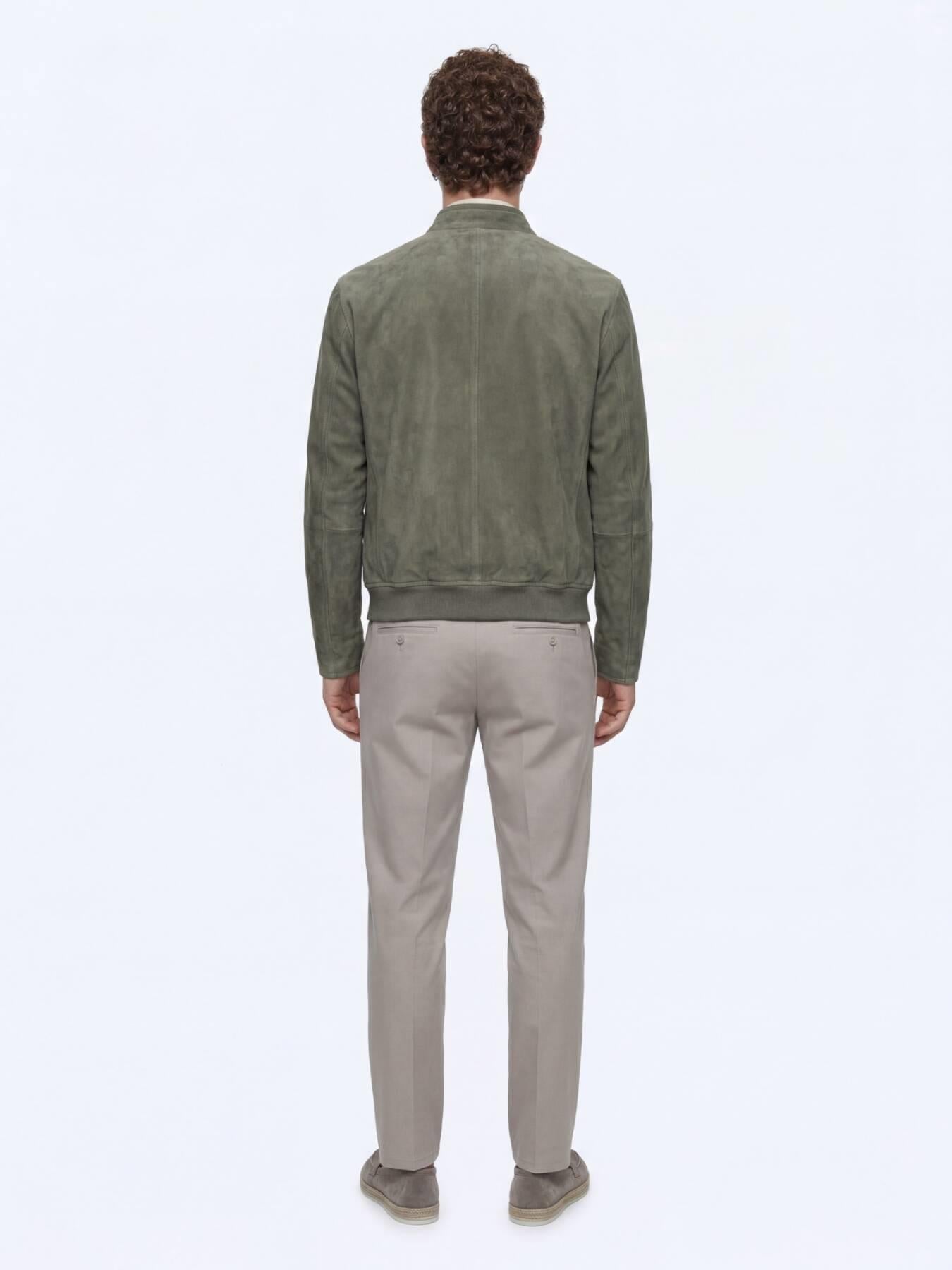 Haki Regular Fit Dik Yaka Smart Casual Çift Taraflı Deri Mont