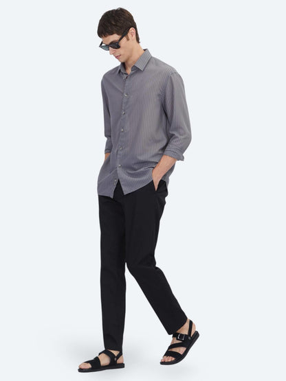 Antrasit Çizgili Oversize Fit Uzun Dokuma Casual Gömlek