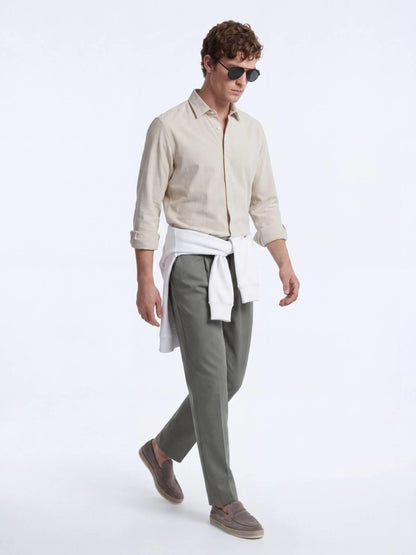 Bej Çizgili Regular Fit Uzun Dokuma Casual Gömlek