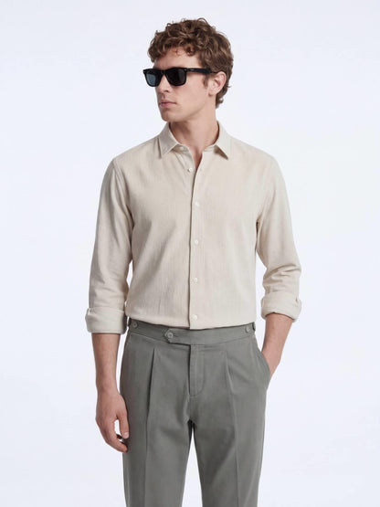 Bej Çizgili Regular Fit Uzun Dokuma Casual Gömlek
