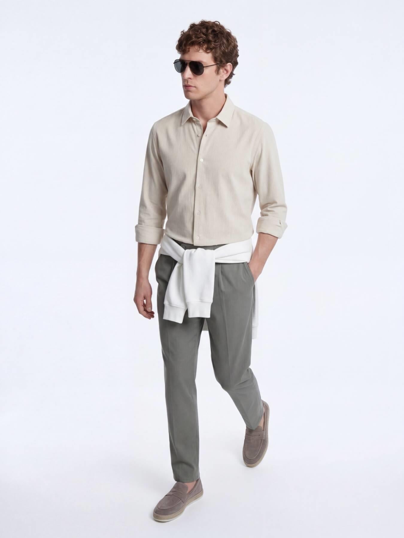Bej Çizgili Regular Fit Uzun Dokuma Casual Gömlek