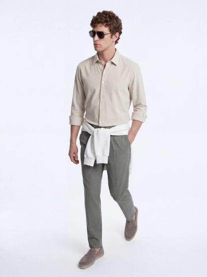 Bej Çizgili Regular Fit Uzun Dokuma Casual Gömlek