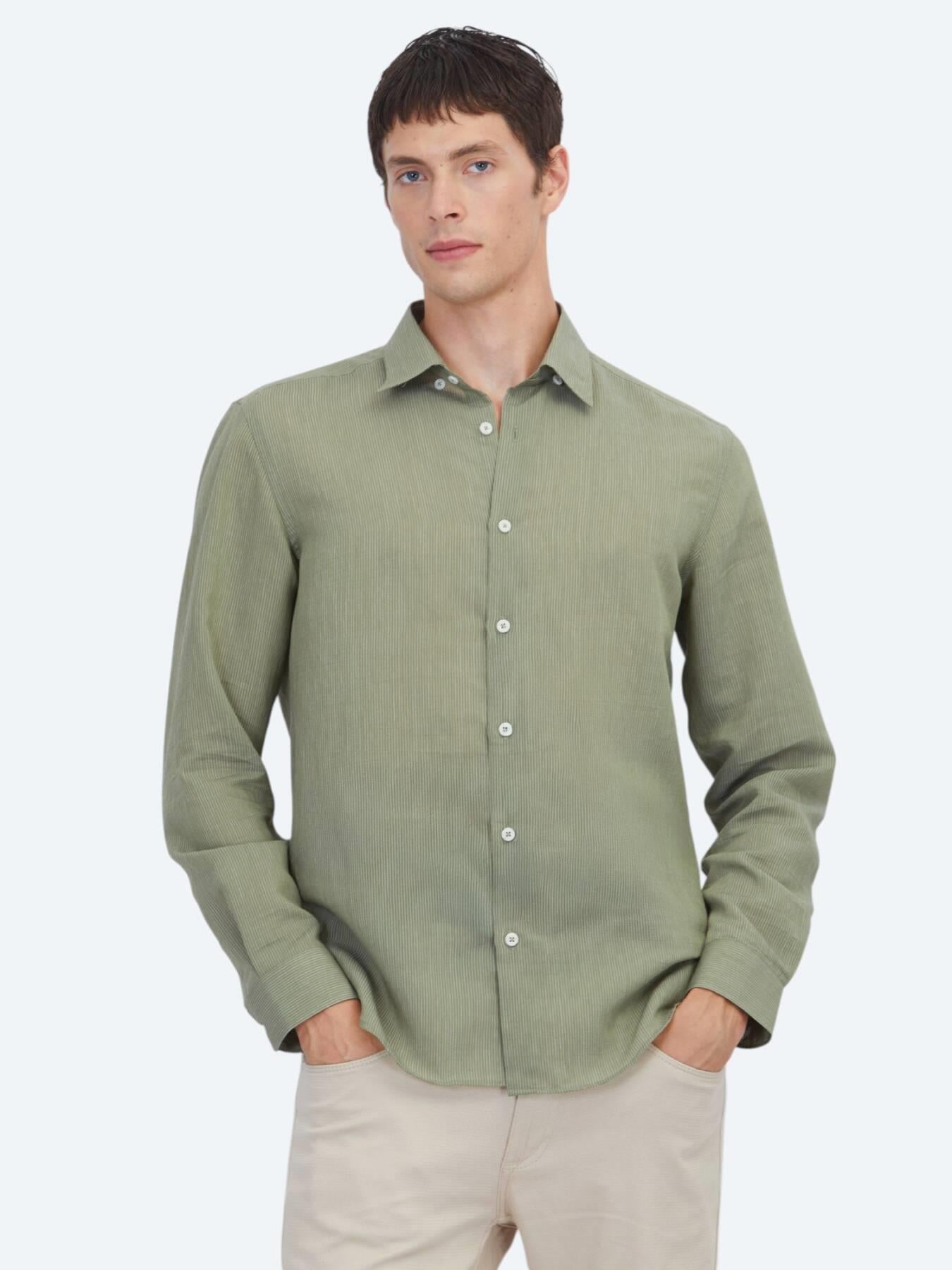 Yeşil Çizgili Regular Fit Uzun Dokuma Casual Gömlek