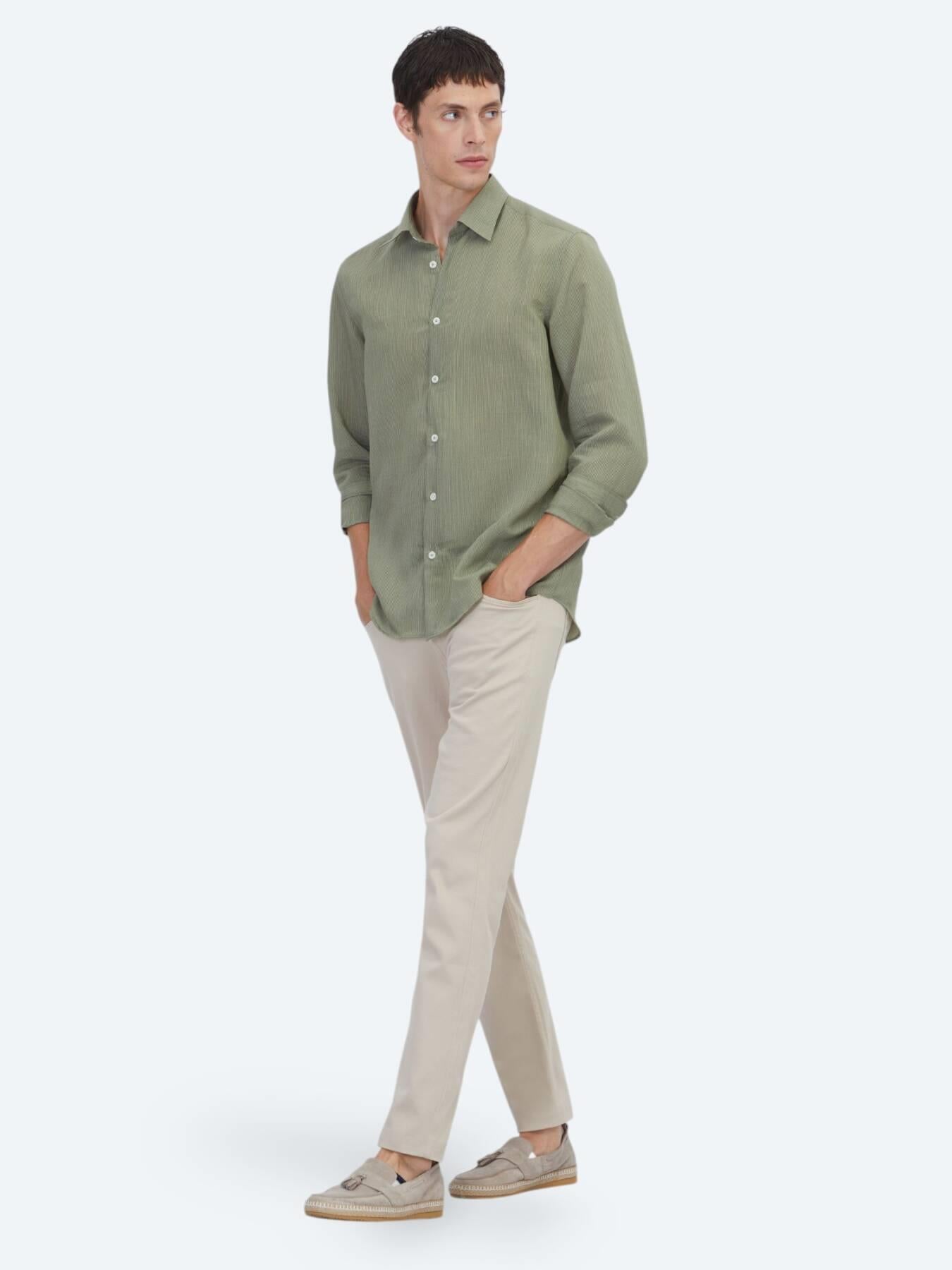 Yeşil Çizgili Regular Fit Uzun Dokuma Casual Gömlek