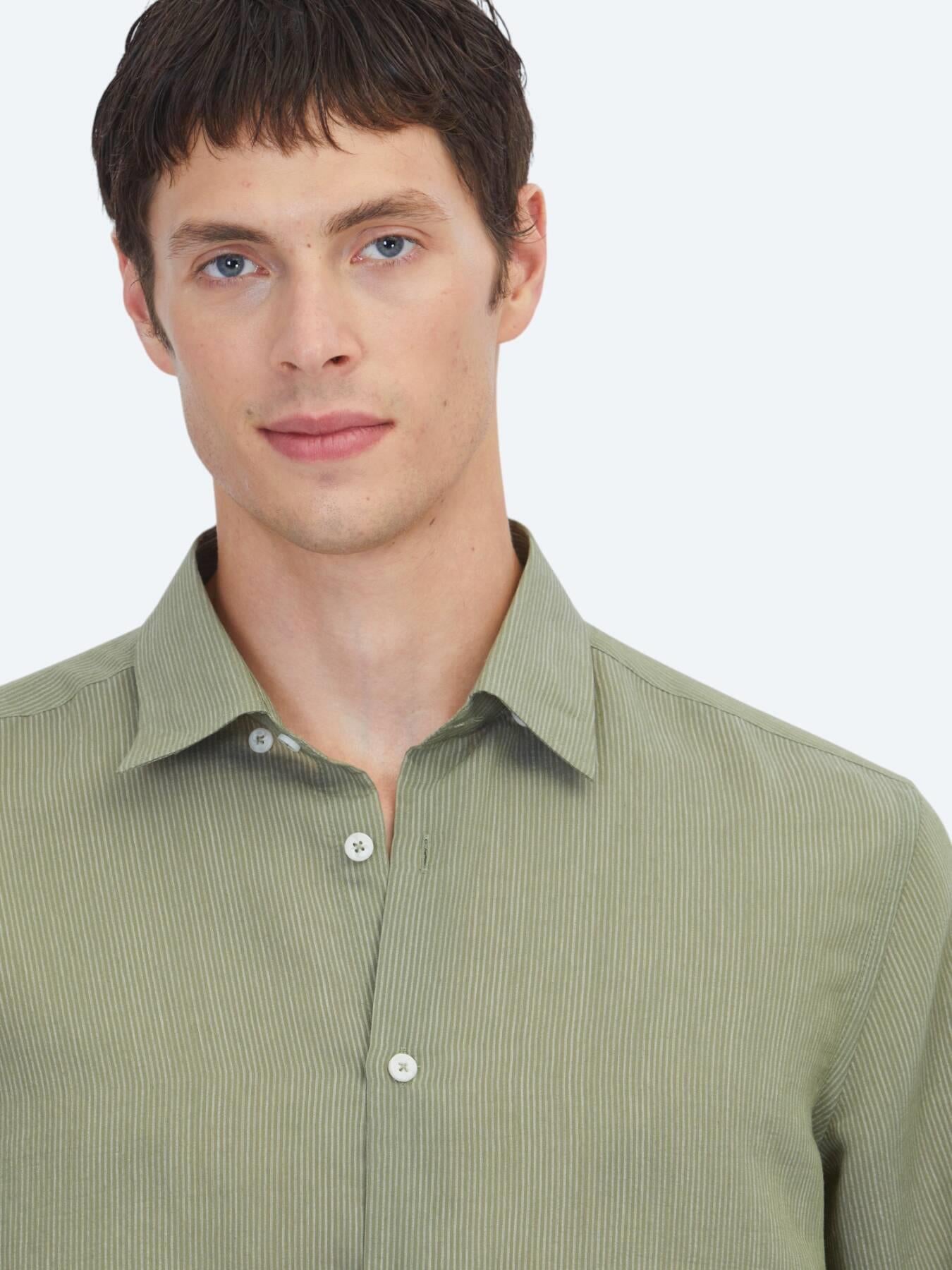 Yeşil Çizgili Regular Fit Uzun Dokuma Casual Gömlek