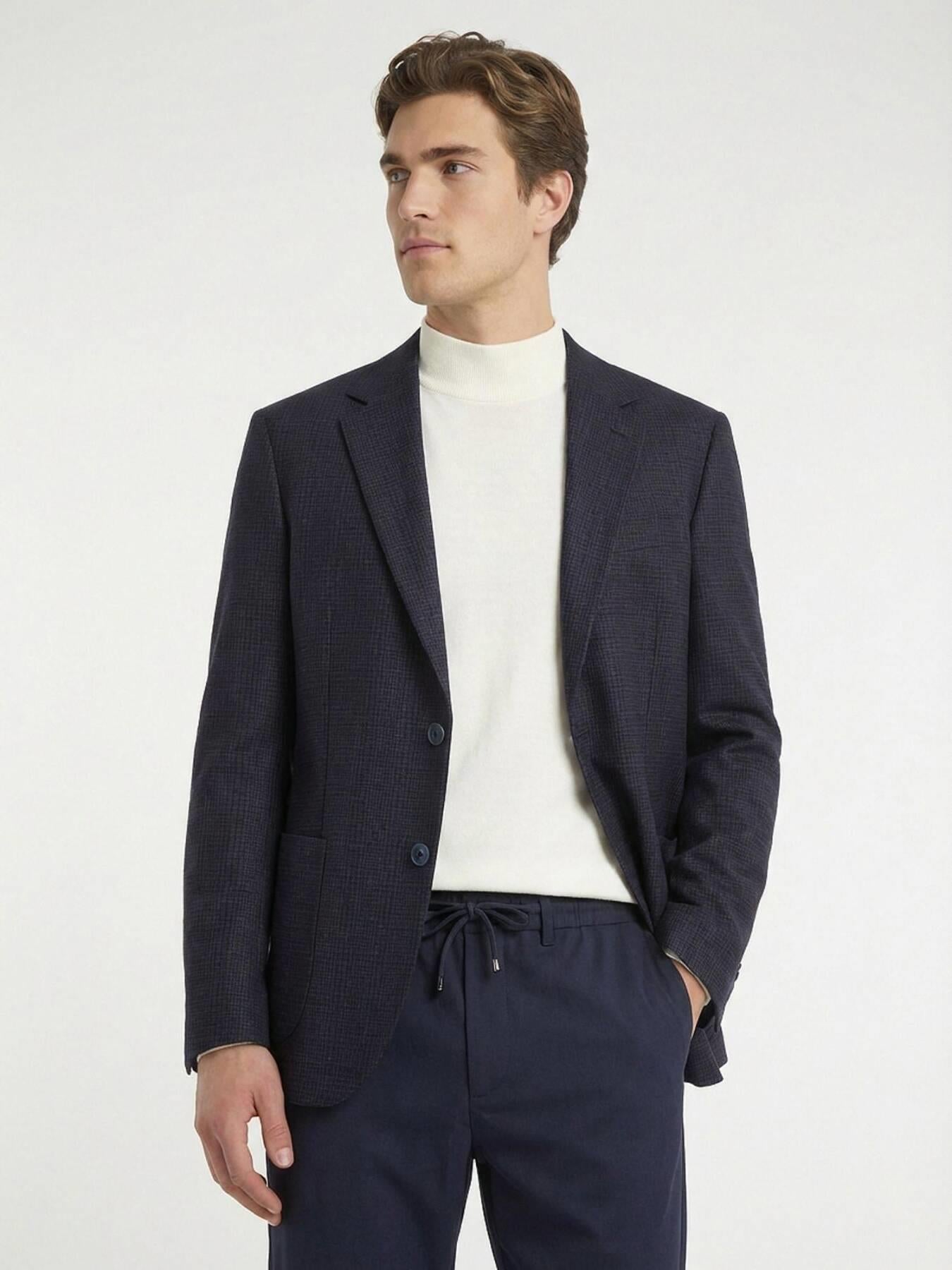 Lacivert Desenli Modern Fit Yün Karışımlı Ceket