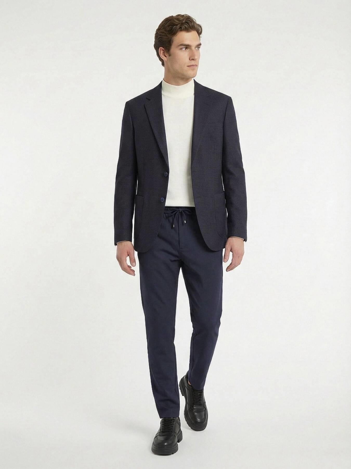 Lacivert Desenli Modern Fit Yün Karışımlı Ceket
