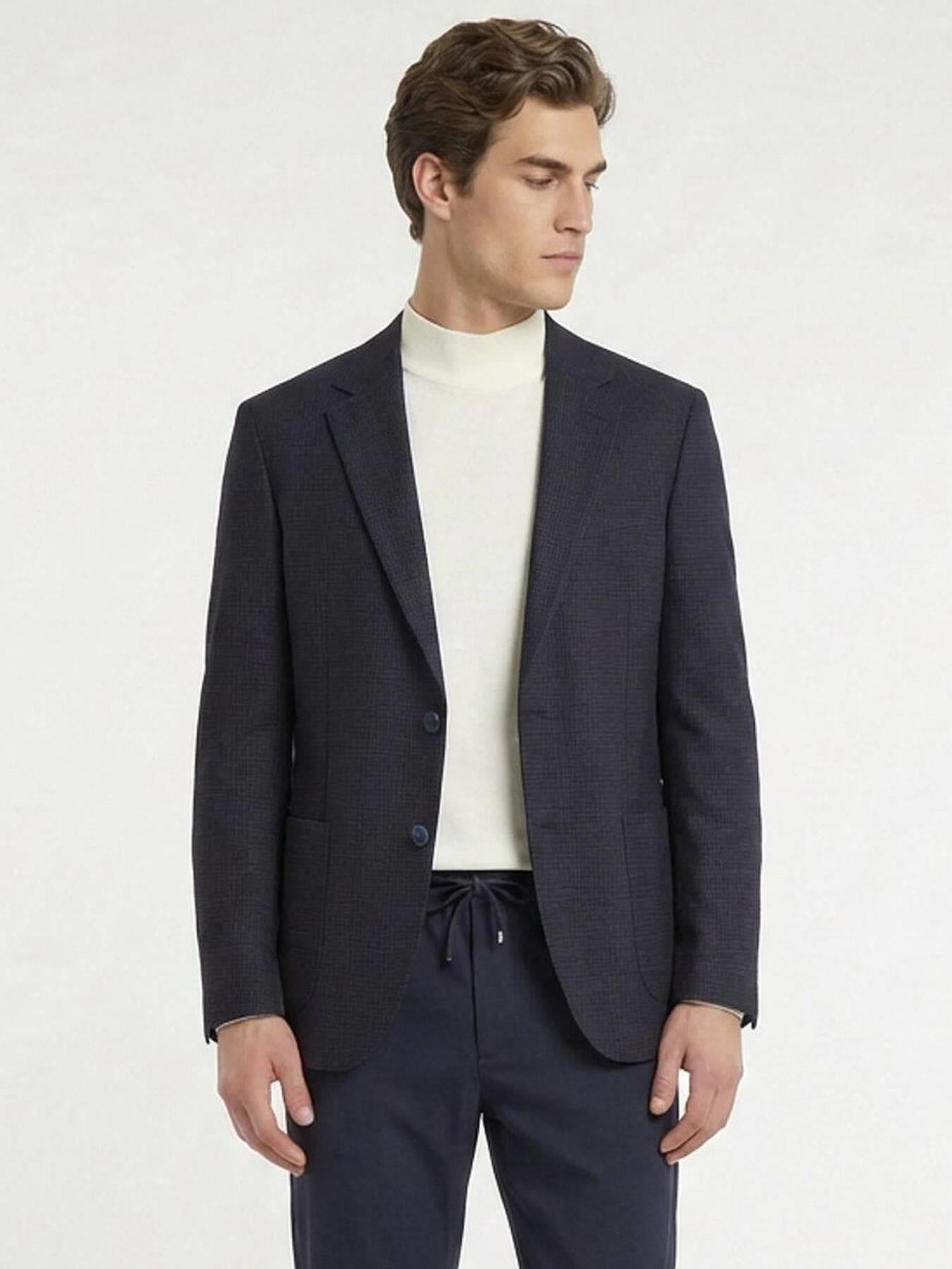 Lacivert Desenli Modern Fit Yün Karışımlı Ceket
