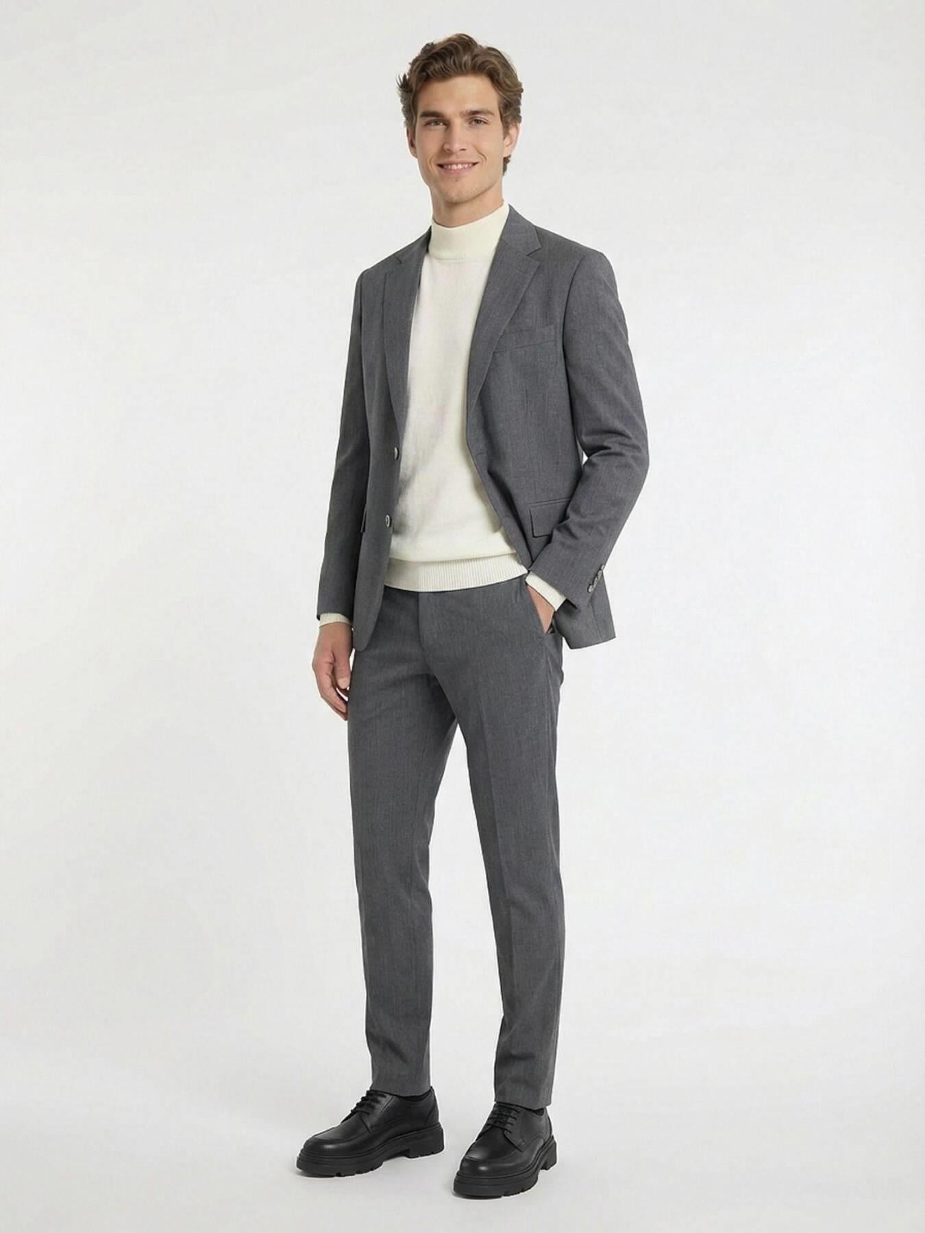 Gri Düz Modern Fit %100 Yün Takım Elbise