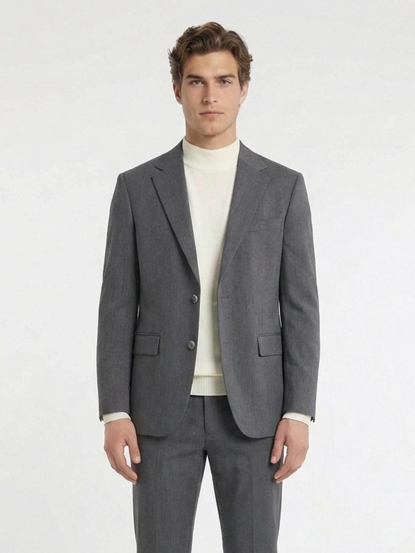 Gri Düz Modern Fit %100 Yün Takım Elbise