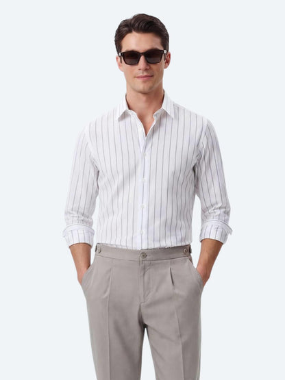 Beyaz Çizgili Regular Fit Uzun Dokuma Casual Pamuk Karışımlı Gömlek