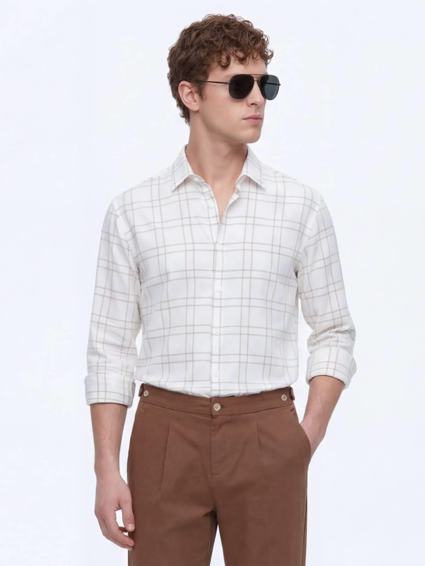 Bej Kareli Regular Fit Uzun Dokuma Casual Gömlek