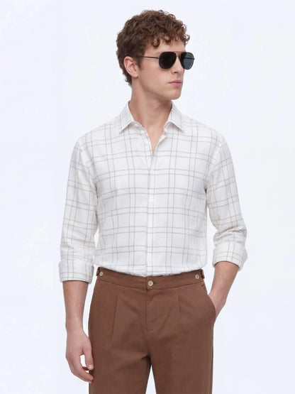 Bej Kareli Regular Fit Uzun Dokuma Casual Gömlek