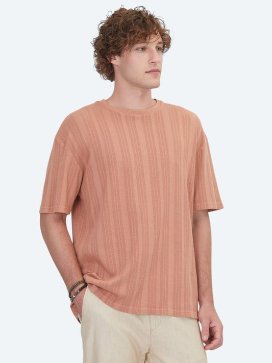 Koyu Somon Çizgili %100 Pamuk T-shirt