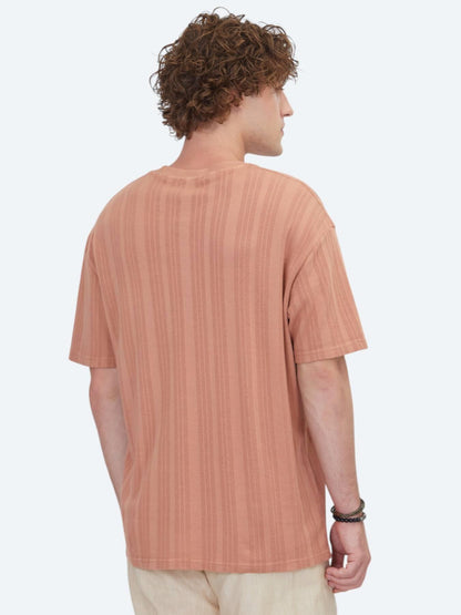 Koyu Somon Çizgili %100 Pamuk T-shirt