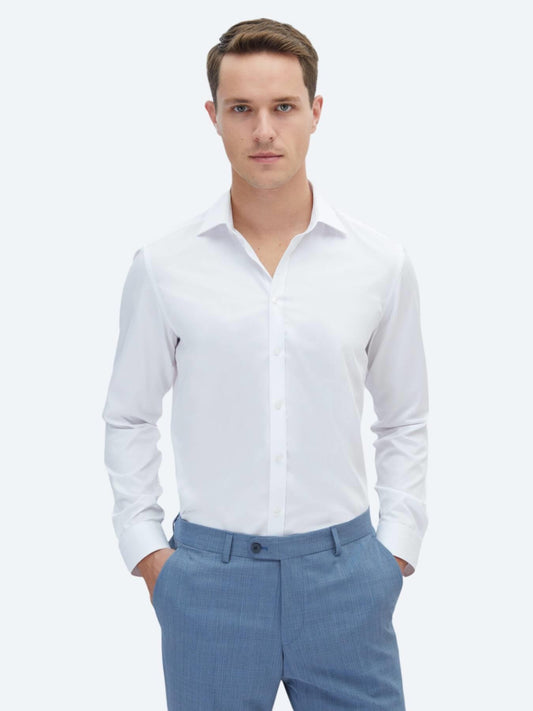 Beyaz Düz Slim Fit Uzun Dokuma Klasik %100 Pamuk Gömlek