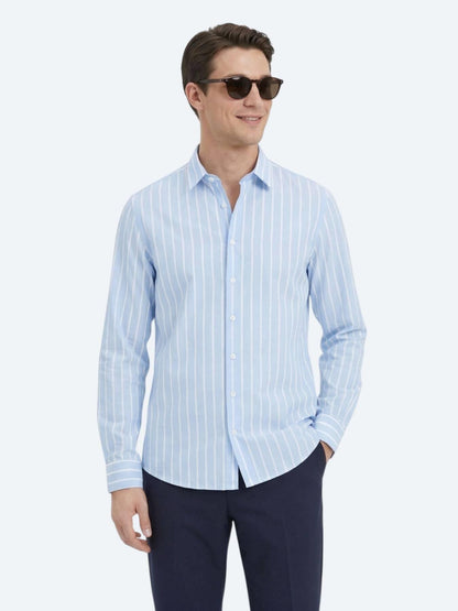 Mavi Çizgili Regular Fit Uzun Casual Pamuk Karışımlı Gömlek
