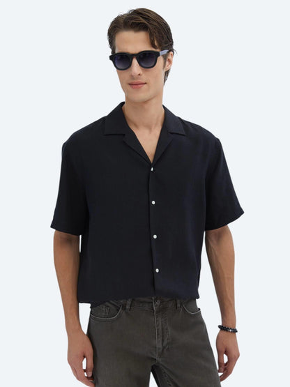 Siyah Düz Oversize Fit Kısa Dokuma Casual Gömlek