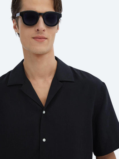Siyah Düz Oversize Fit Kısa Dokuma Casual Gömlek