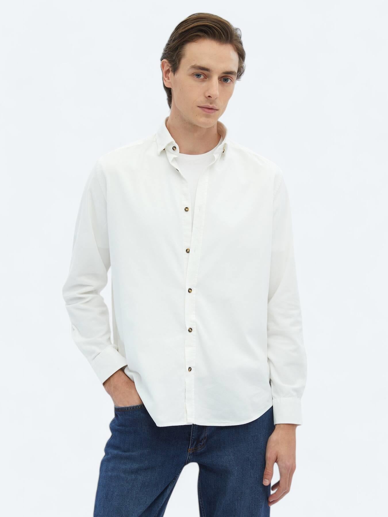 Beyaz Fitilli Regular Fit Uzun Dokuma Kadife Casual %100 Pamuk Gömlek