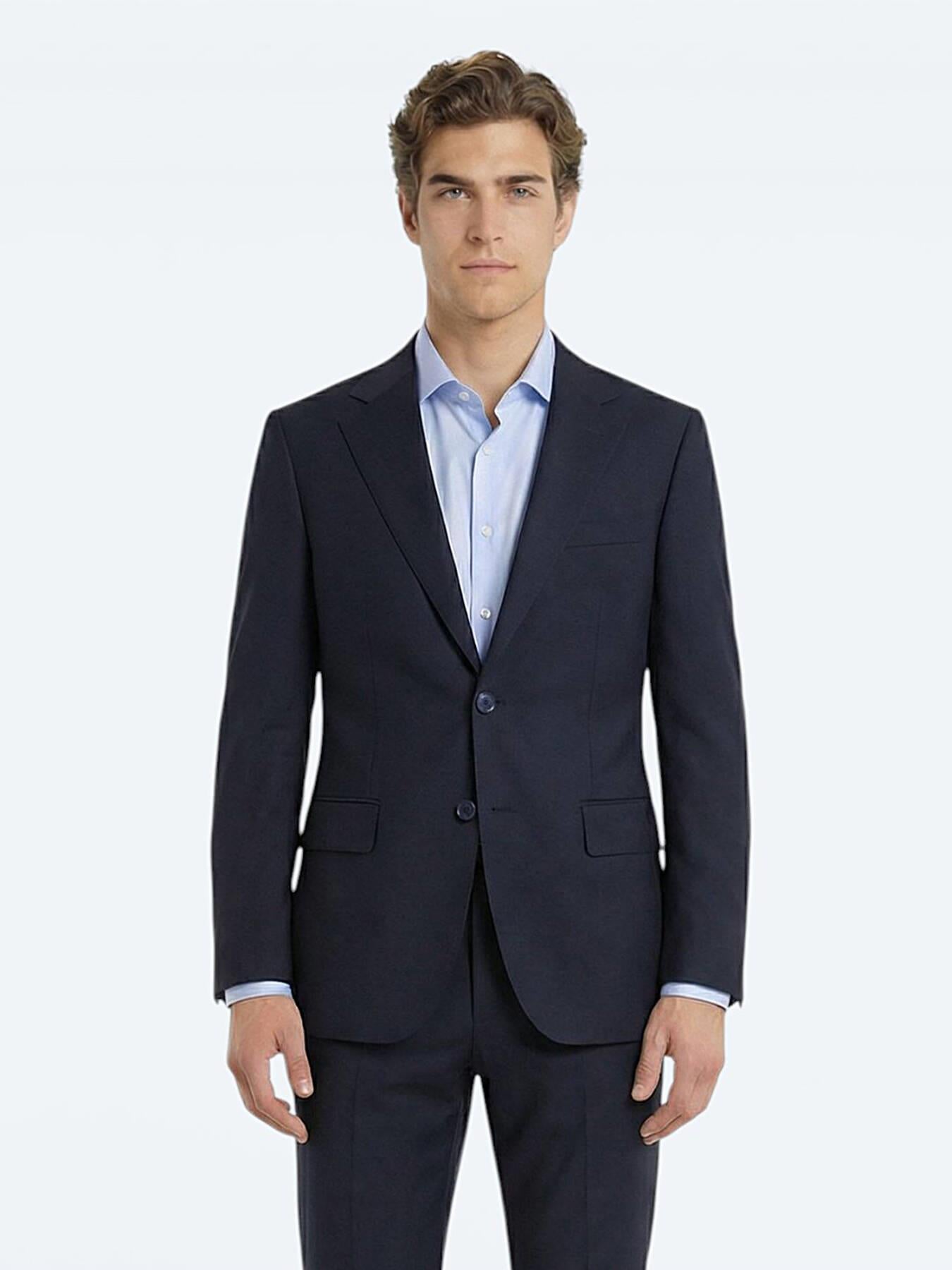 Lacivert Düz Modern Fit Yün Karışımlı Takım Elbise