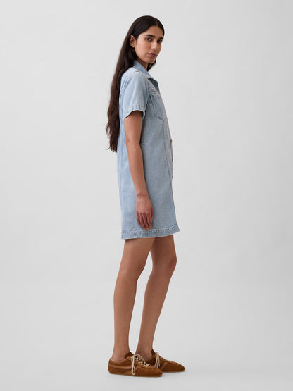 Açık Mavi Ultrasoft Denim Mini Gömlek Elbise